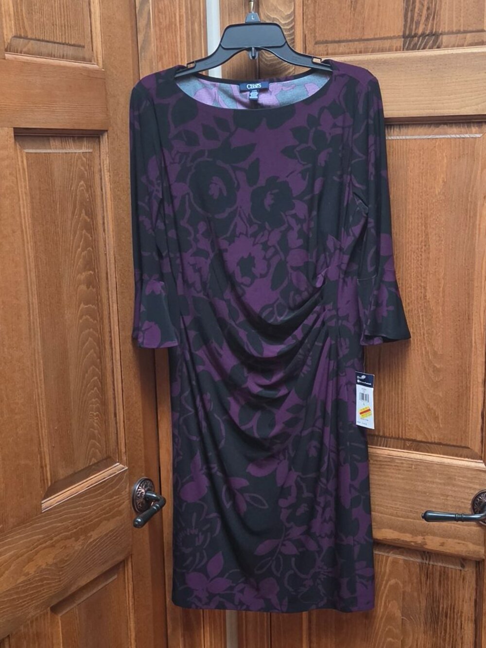 Chaps Womens Purple Black Floral Ruched Sheath Dress - Bell Sleeve - Large
